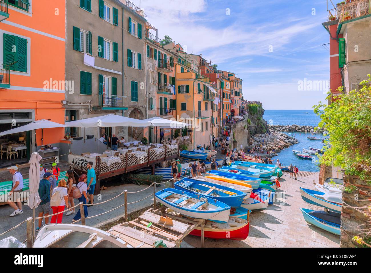 Italy, Liguria, province of La Spezia, Riomaggiore, small coastal village along Cinque Terre Stock Photo