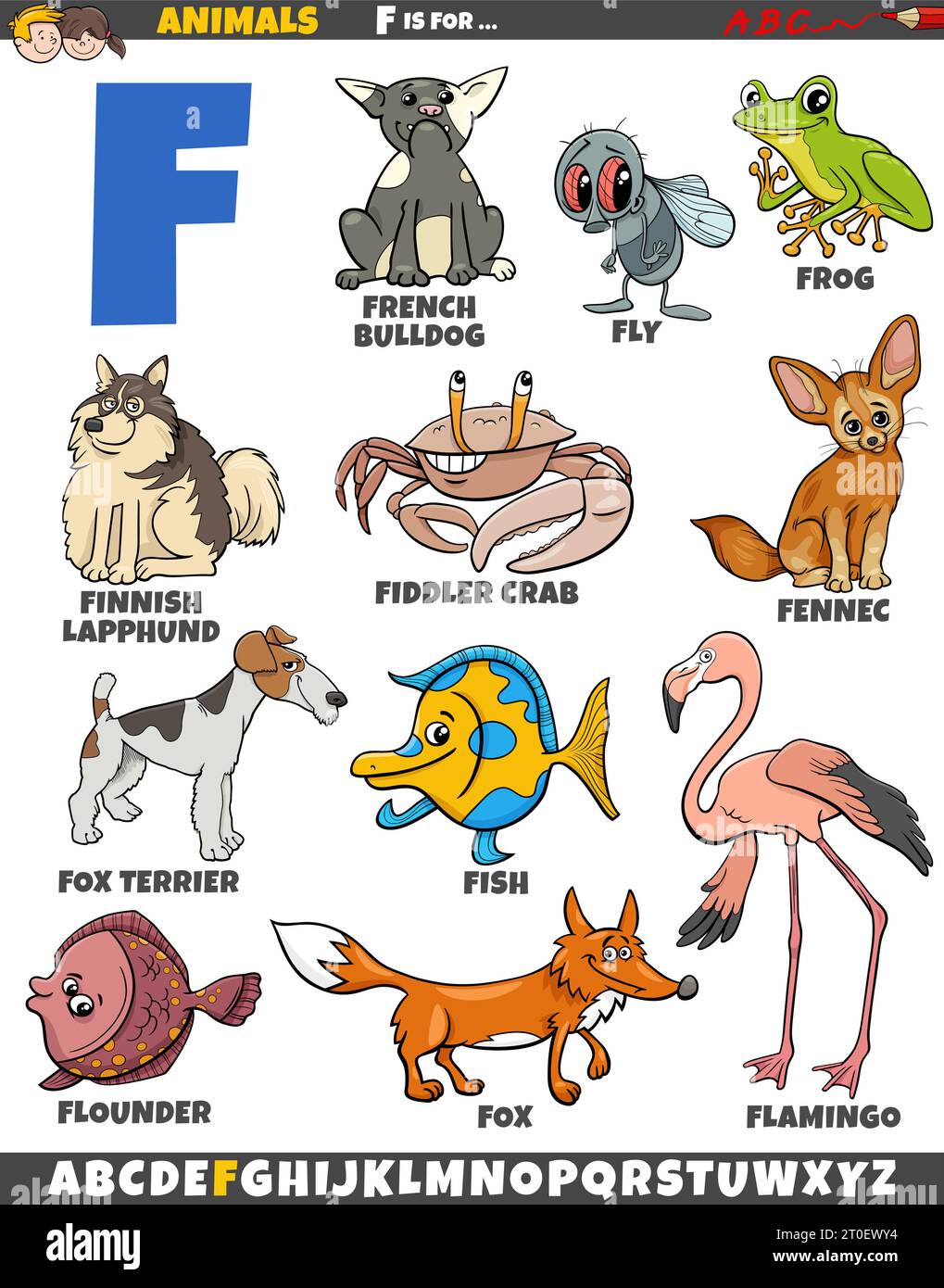 Cartoon illustration of animal characters set for letter F Stock Vector