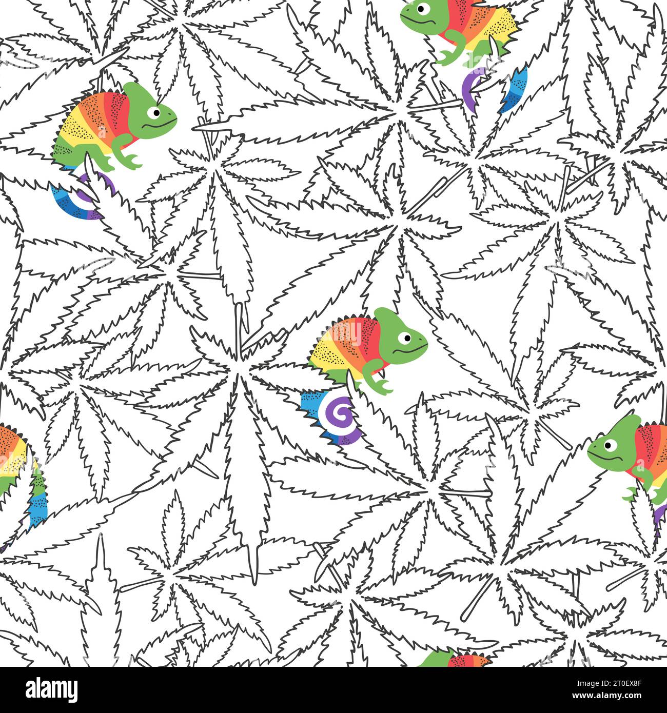 Seamless pattern with cute colorful chameleons and cannabis leaves. Stock Vector