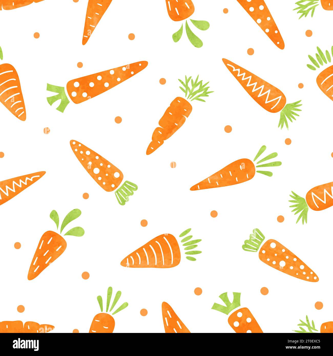 Seamless cartoon carrots pattern. Vector organic watercolor food background Stock Vector