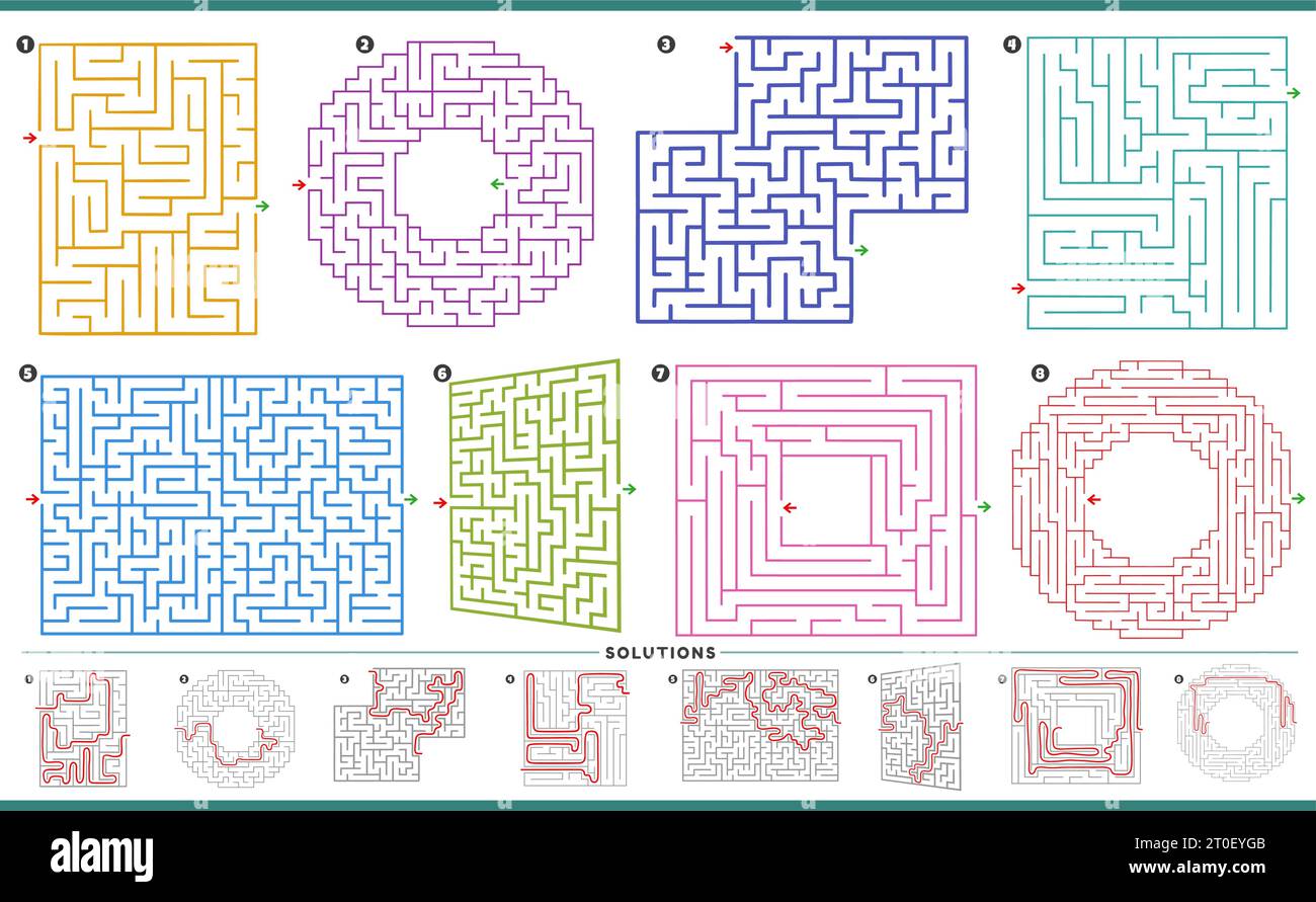 Illustration of maze puzzle activities graphs set with solutions Stock