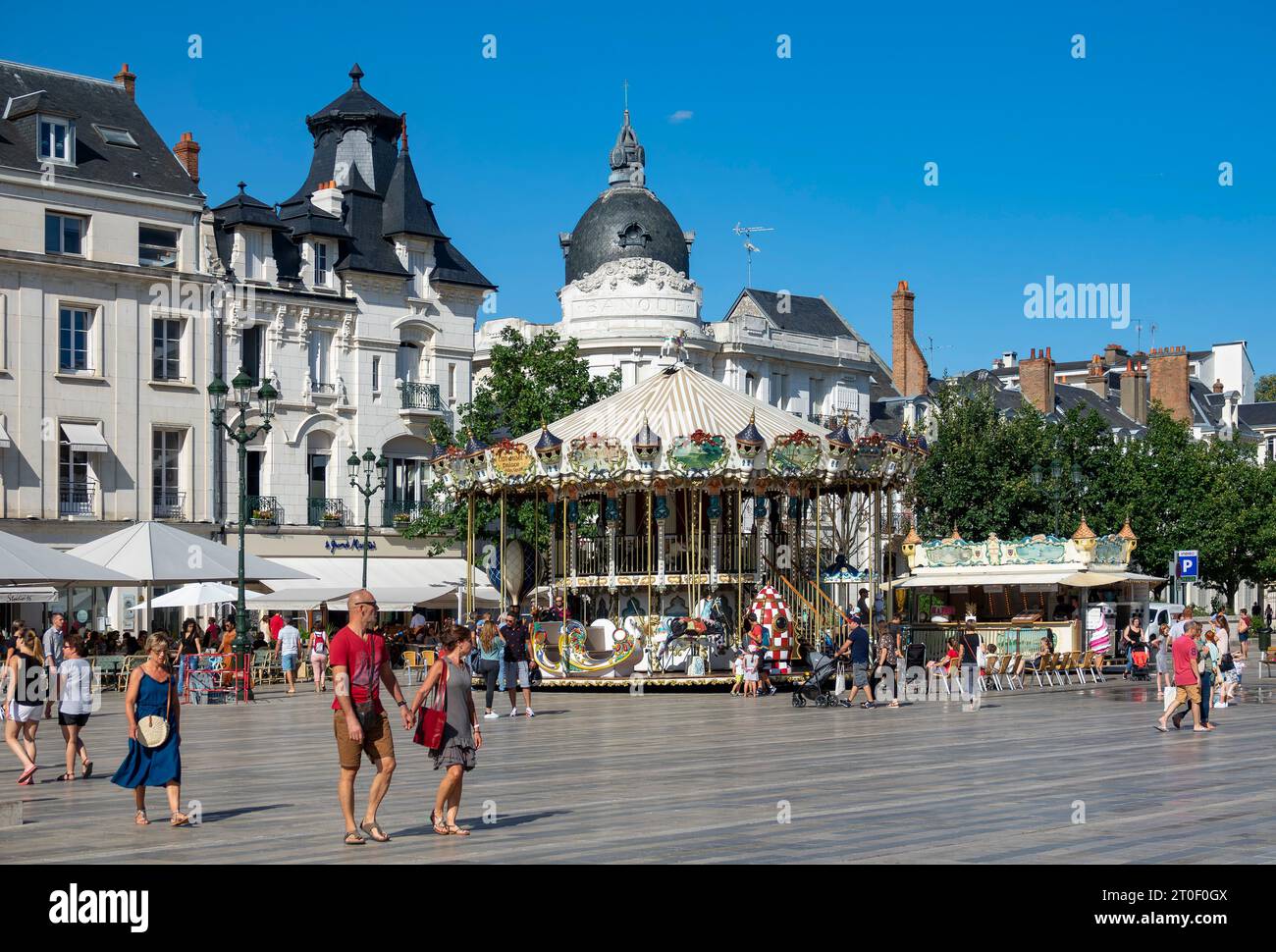 Place du Martroi is the main square in the center of Orleans. On it stands the equestrian statue of Joan of Arc. Stock Photo