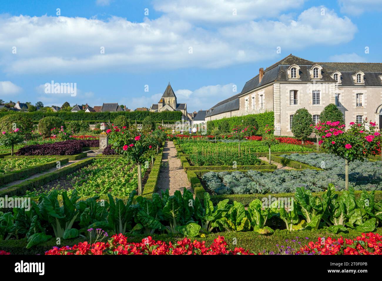 Villandry Castle is located about 17 km west of the city of Tours. Villandry Castle is most famous for its gardens. The eponymous village of Villandry is located on the Cher River and is the last commune before its confluence with the Loire River. Stock Photo