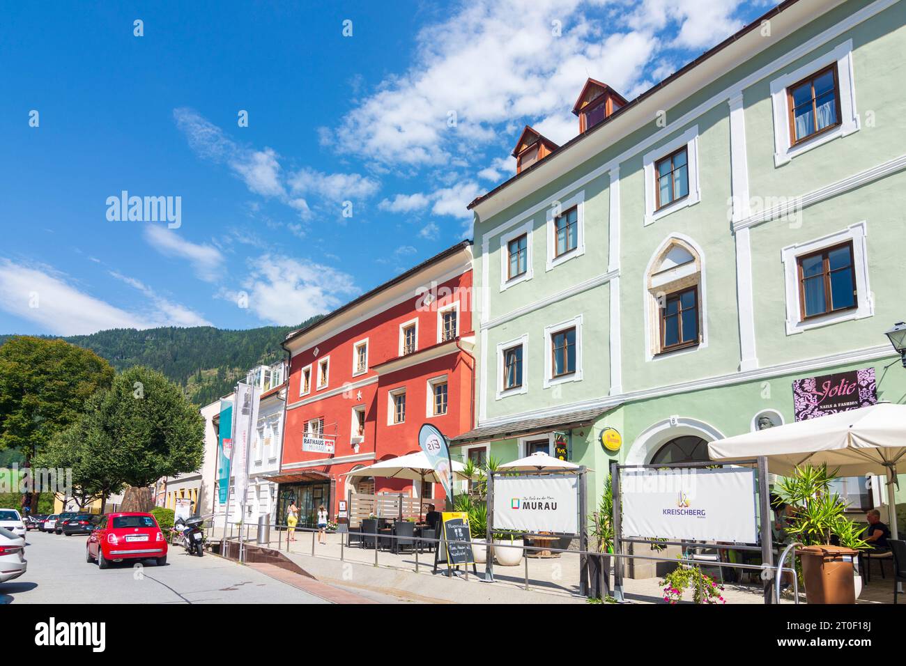 Murau, square Raffaltplatz, Town Hall in Murtal, Styria, Austria Stock Photo