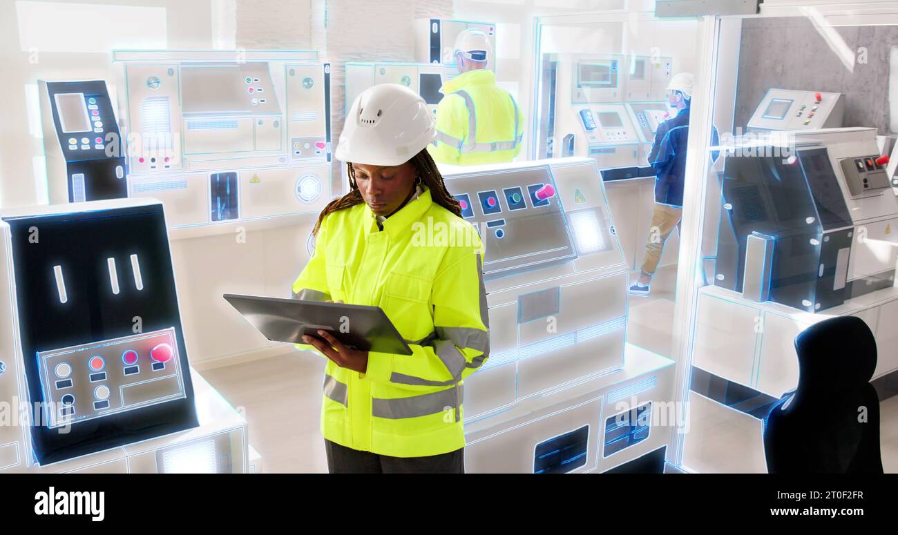 Factory Engineer In Helmet Checking Industrial Facility Stock Photo