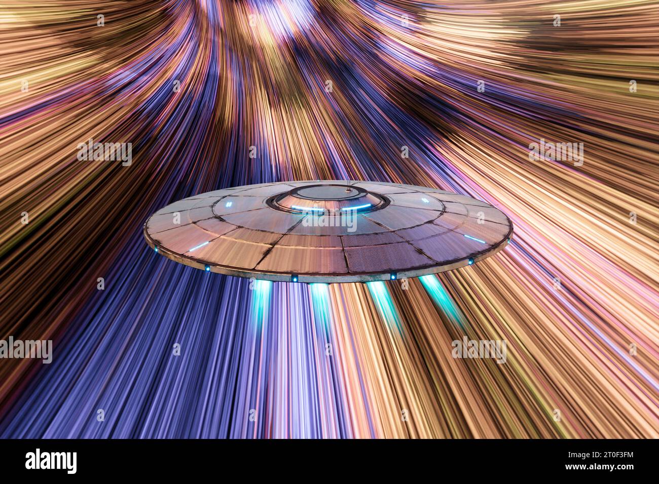 Extraterrestrial flying saucer travelling through a colourful star tunnel. Extreme speed. Futuristic alien spaceship technology. UAP hyperspace travel Stock Photo