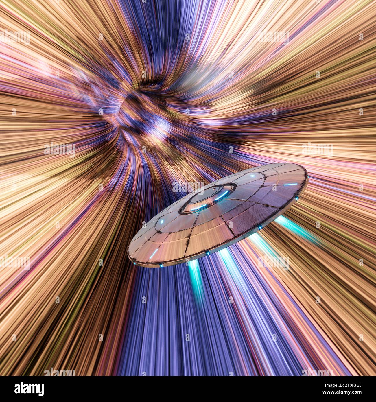 Extraterrestrial flying saucer travelling through a colourful star tunnel. Extreme speed. Futuristic alien spaceship technology. UAP hyperspace travel Stock Photo