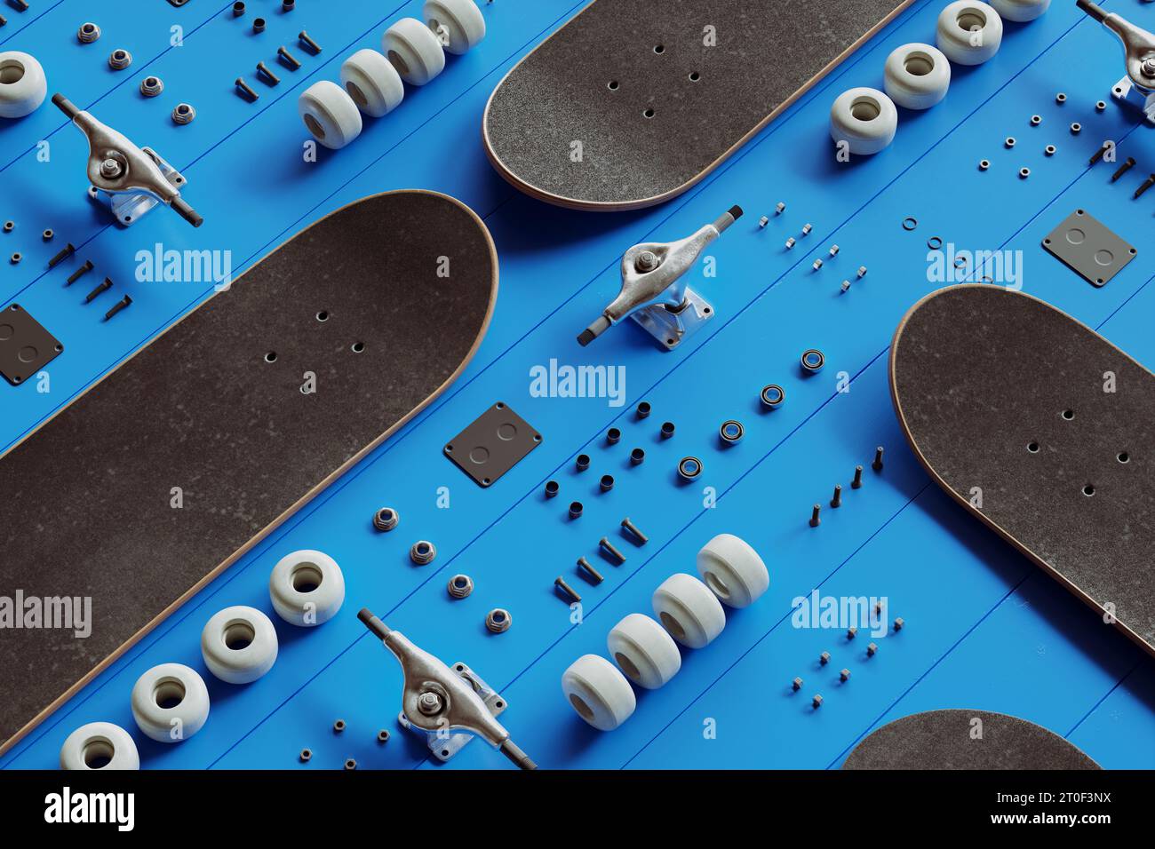 Countless disassembled skateboard parts lying on a blue floor. Creative