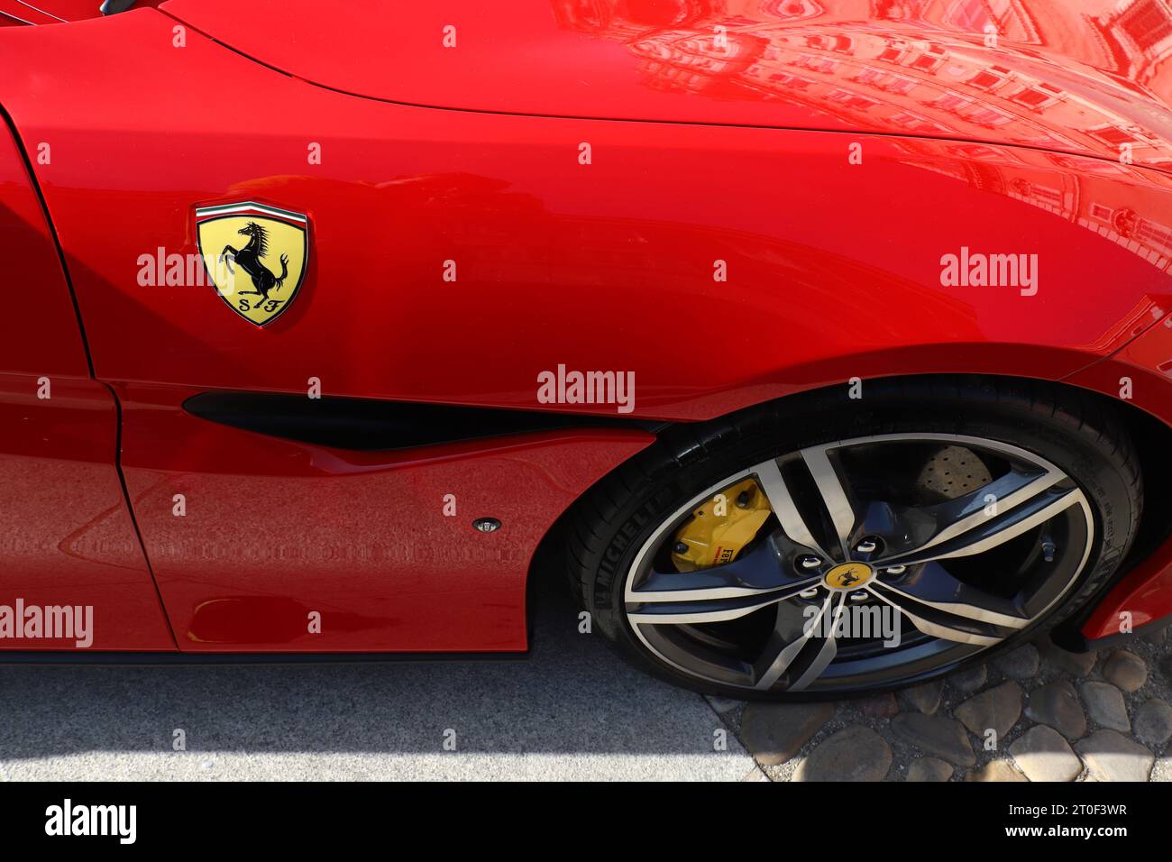 MODENA, ITALY, October 2023 - Ferrari modern sport car aerodynamic details of the bodywork, public exhibition in the city Stock Photo