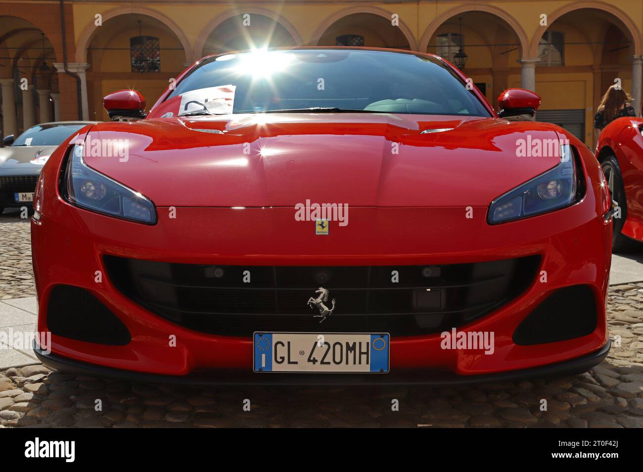 MODENA, ITALY, October 2023 - Ferrari modern sport car aerodynamic details of the bodywork, public exhibition in the city Stock Photo