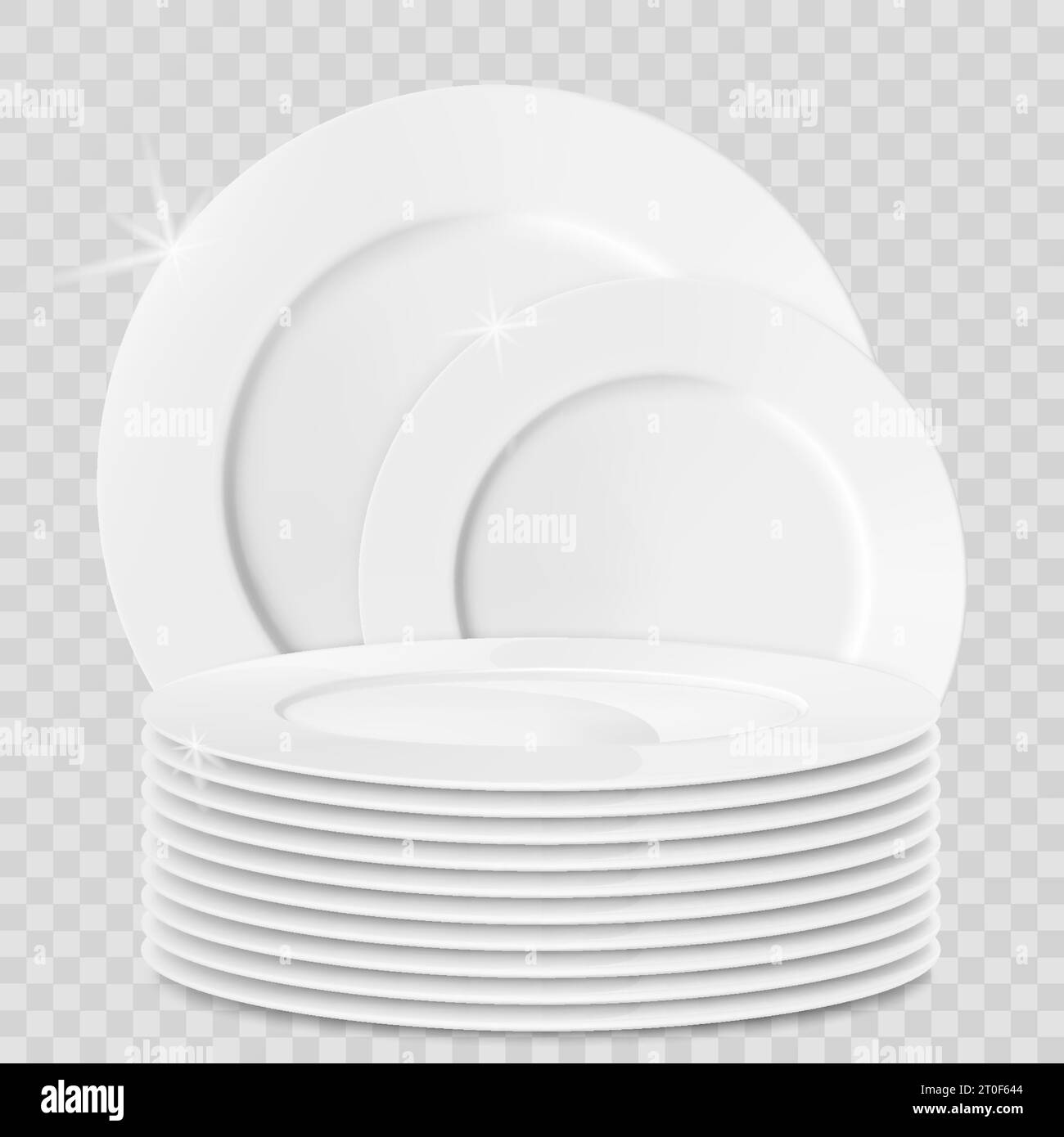 A stack of white plates, isolated on white background. Clean shiny dishes and porcelain kitchen utensils. Advertising banner for household cleaning su Stock Vector