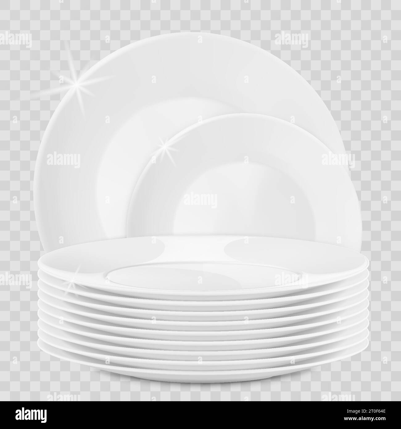 Realistic plate stack and bowls. Clean dishes, stacked kitchen