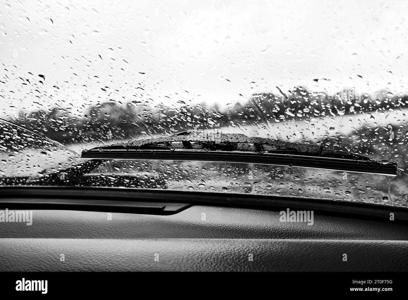 Raindrops on the windshield of a car, view from the inside. Black and white photo Stock Photo