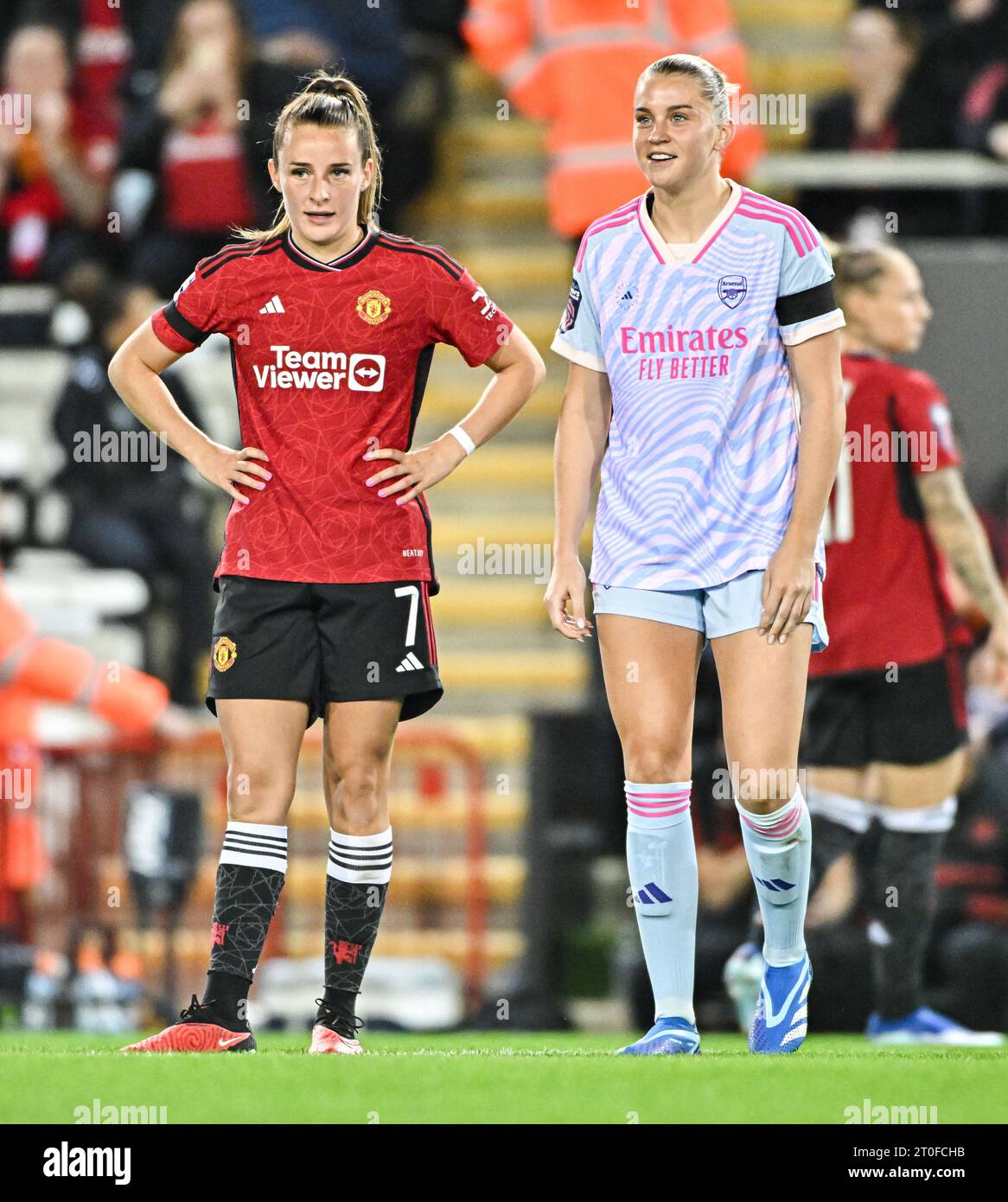Leigh Sports Village, Leigh, Greater Manchester, England. 6th October 2023. Alessia Russo #23 of Arsenal Women and Ella Toone #7 of Manchester United Women all smiles ahead of the kick off, during Manchester United Women Football Club V Arsenal Women Football Club at Leigh Sports Village, in the Barclays Women's Super League/Women’s Super League. (Credit Image: ©Cody Froggatt/Alamy Live News) Stock Photo
