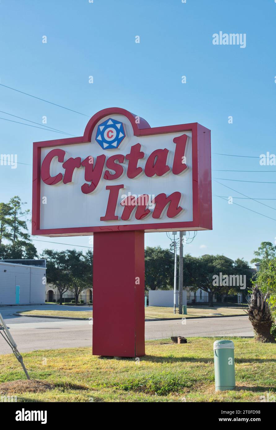 Houston, Texas USA 09-24-2023: Crystal Inn motel sign by the roadside in Houston, TX. Hotel business chain founded in Utah 1994. Stock Photo