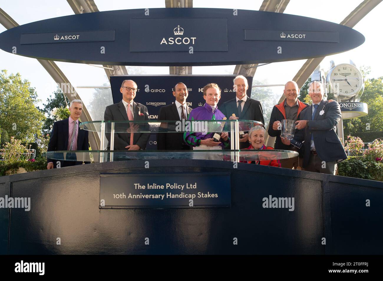 Ascot, Berkshire, UK. 6th October, 2023. The Winners Presentation for the Inline Policy Ltd 10th Anniversary Handicap Stakes. Horse Oceanline ridden by jockey Rob Hornby won the Inline Policy Ltd 10th Anniversary Handicap Stakes at Ascot Racecourse at the Autumn Racing Friday meeting. Owner Mrs R White, M Lambert and B Wright. Trainer David Pipe, Wellington. Breeder M Phelan. Sponsor W & S Recycling. Credit: Maureen McLean/Alamy Live News Stock Photo