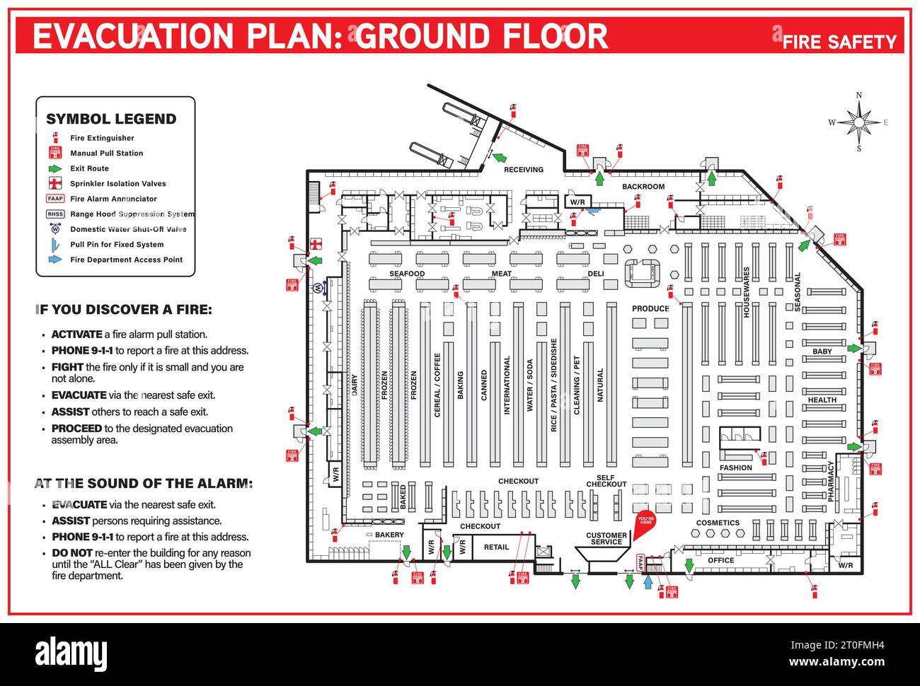 Evacuation plan for grocery store or supermarket. Fire emergency plan or egress plan. Text instruction of procedures and emergency equipment locations Stock Vector
