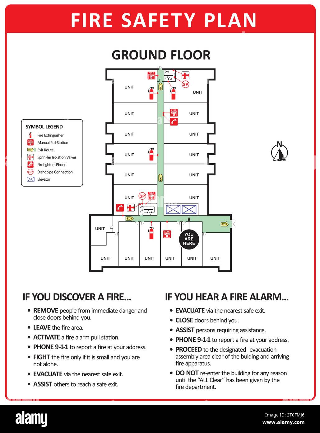 Fire emergency plan of building ground floor. Also known as emergency plan or egress plan. Detailed text instruction of procedures and emergency equip Stock Vector