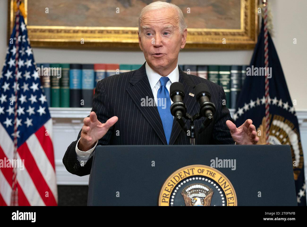 United States President Joe Biden delivers remarks on the September Job Report and National Manufacturing Day in the Roosevelt Room at the White House in Washington, DC on Friday, October 6, 2023. According to new data from the US Department of Labor released earlier today, the US economy added 336,000 new jobs in September and the unemployment rate stayed even at 3.8 percent. Credit: Leigh Vogel/Pool via CNP Stock Photo