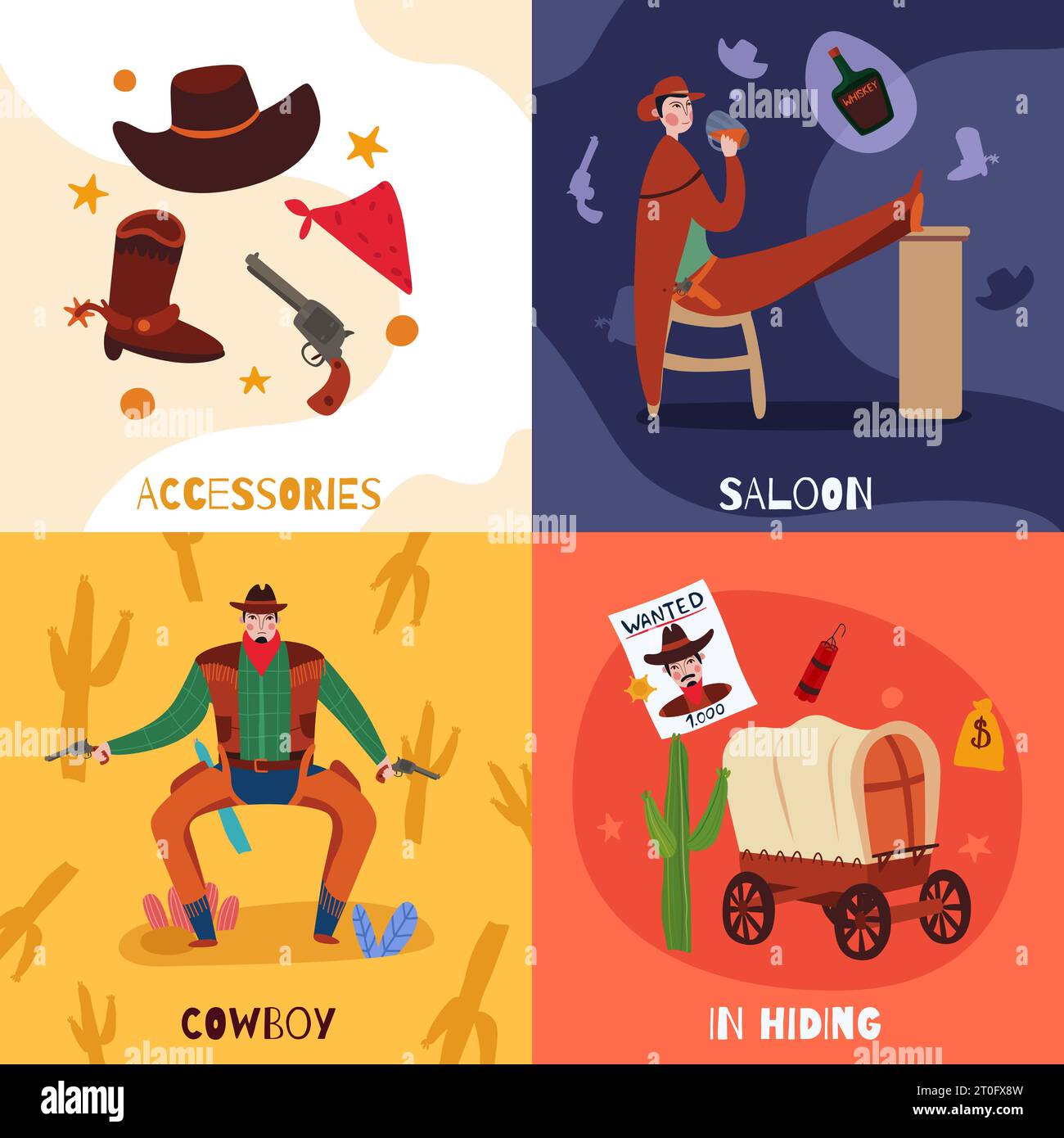 Wild west cowboy design concept with compositions of flat icons text and images of vintage stuff vector illustration Stock Vector