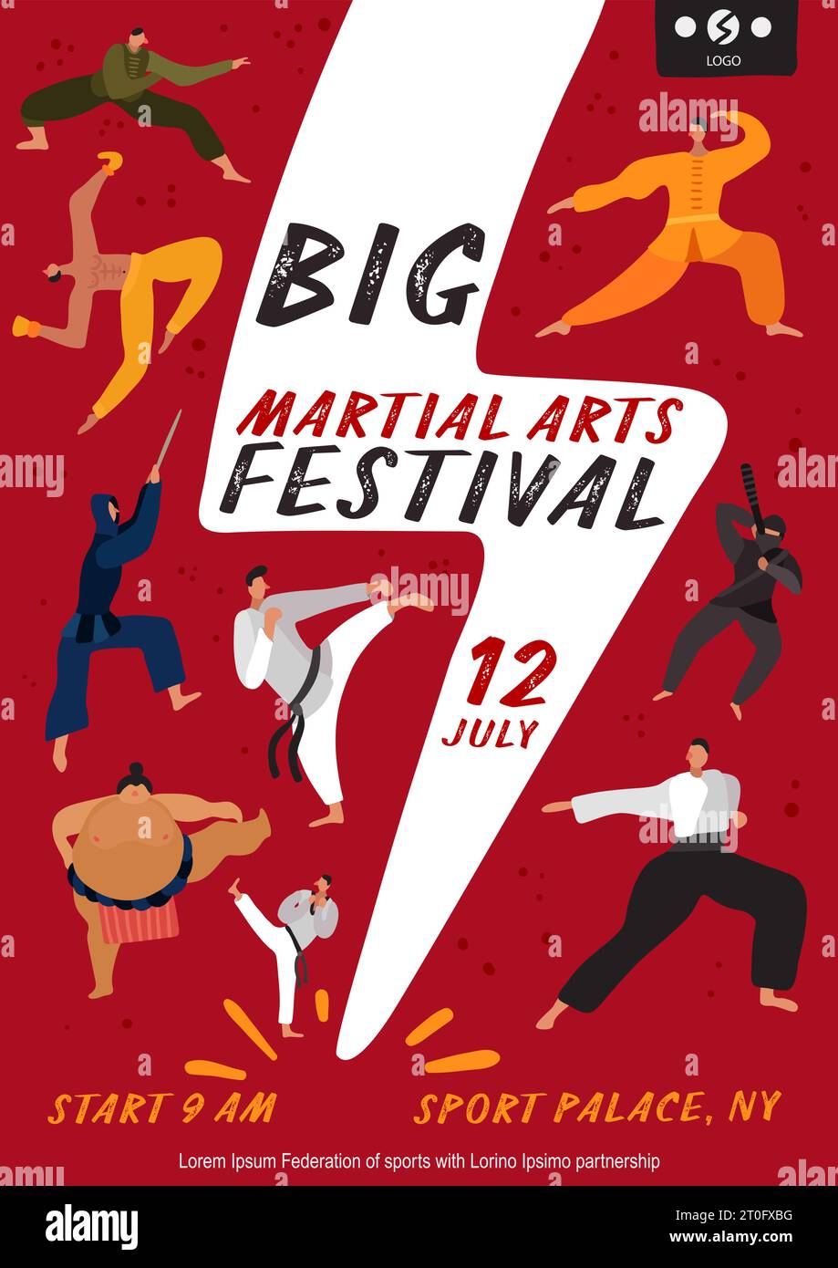 Martial arts festival poster with fighters on red background with white lightning flat vector illustration Stock Vector