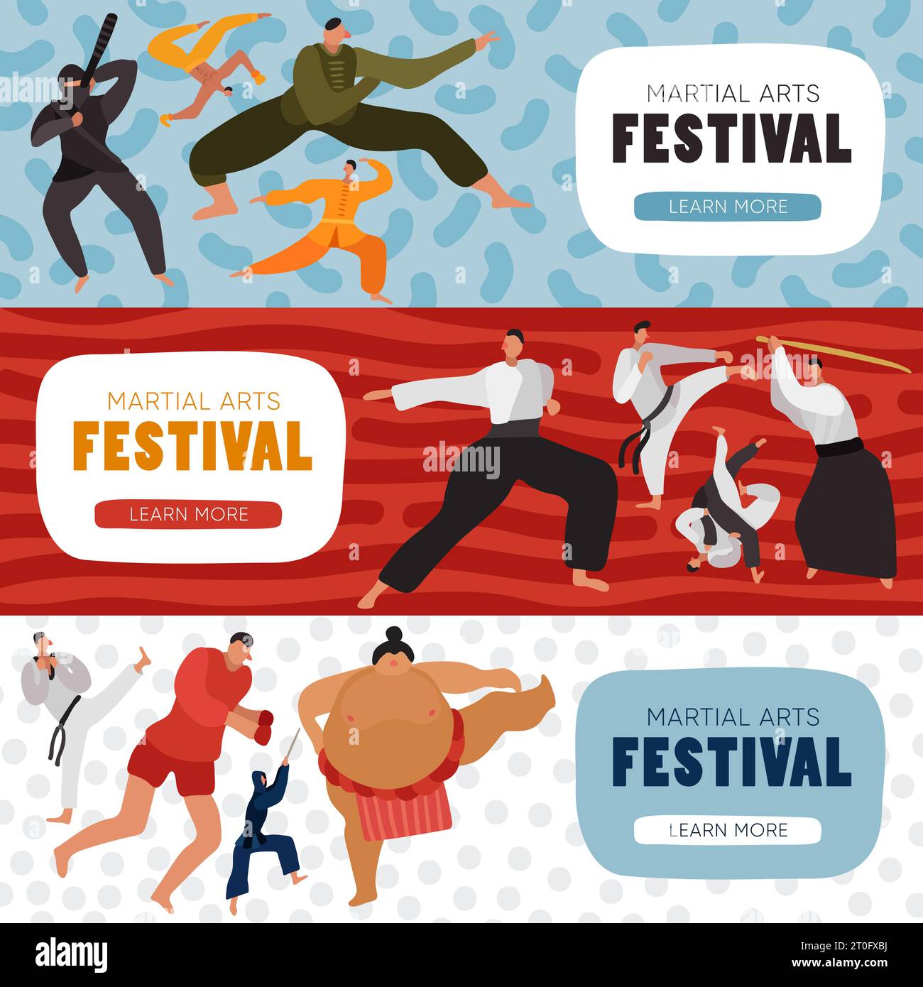 Set of horizontal banners fighters during practice at martial arts festival isolated on color background vector illustration Stock Vector