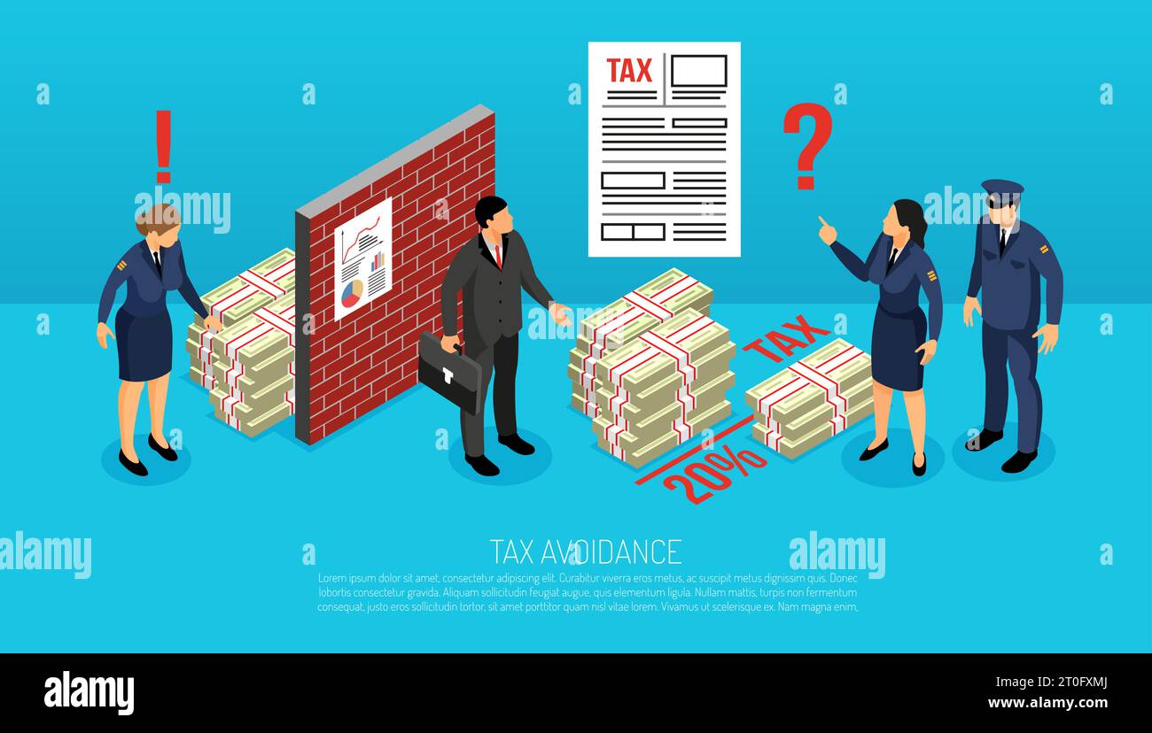 Tax evasion horizontal isometric composition with inspectors finding illegally intentionally avoided contributions by business manager vector illustra Stock Vector