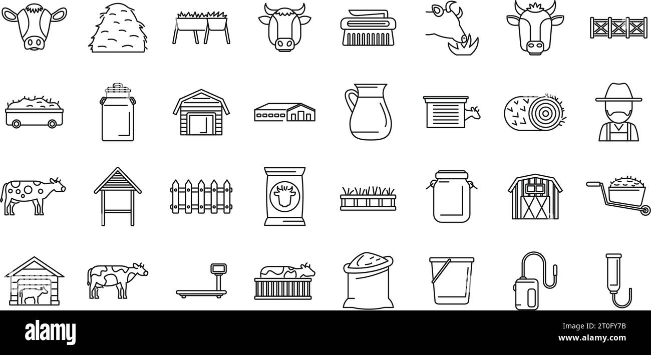 Breeding cows icons set outline vector. Cattle milk. Eat dairy animal