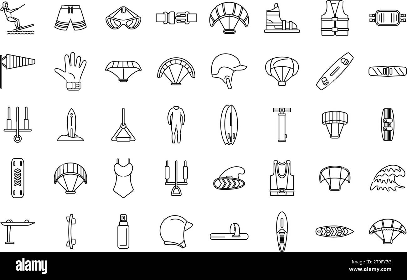 Kitesurfing icons set outline vector. Active fun. Kite board Stock ...