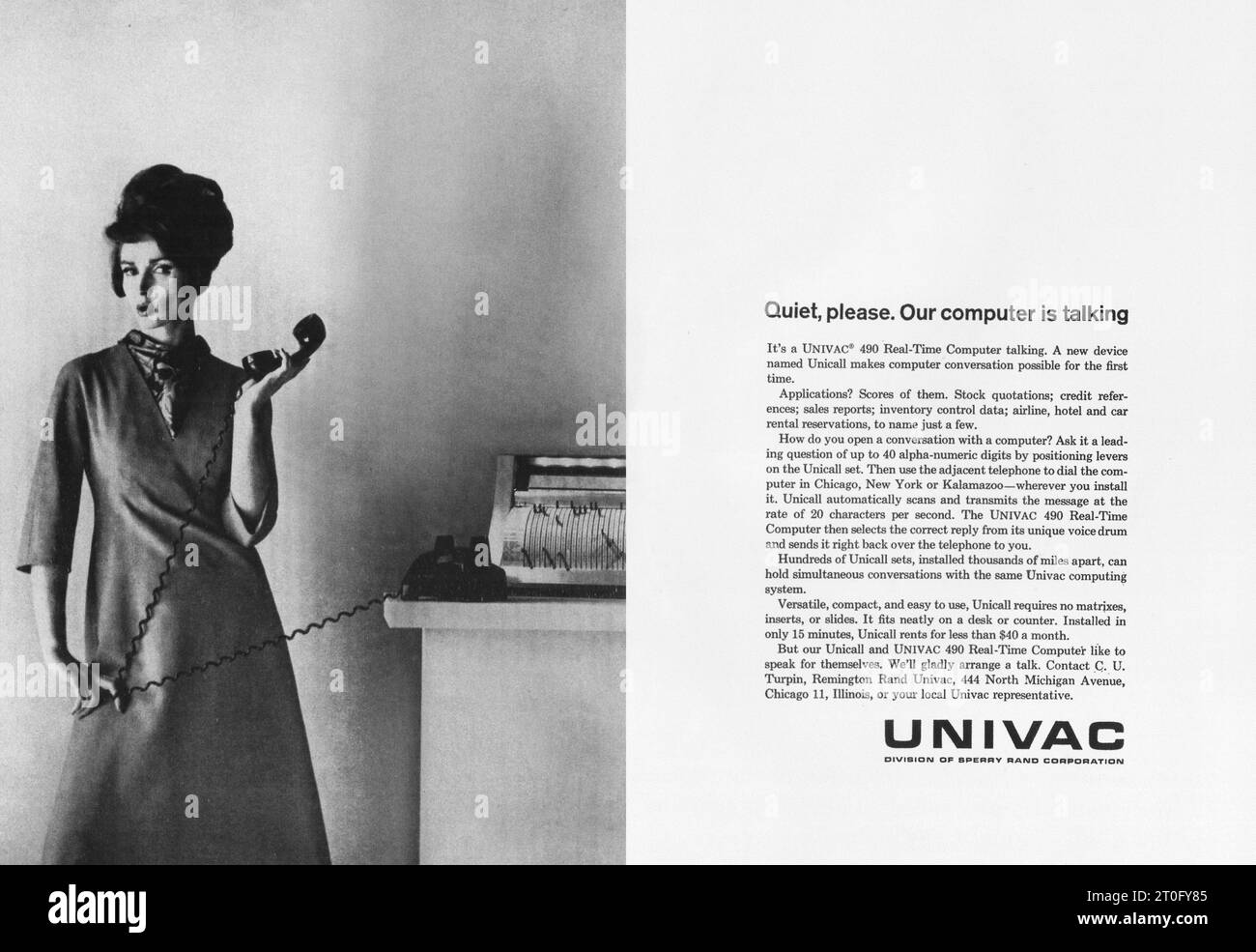 1962 Univac 490 Real-Time Computer ad. 1960s Univac Unicall advert Stock Photo