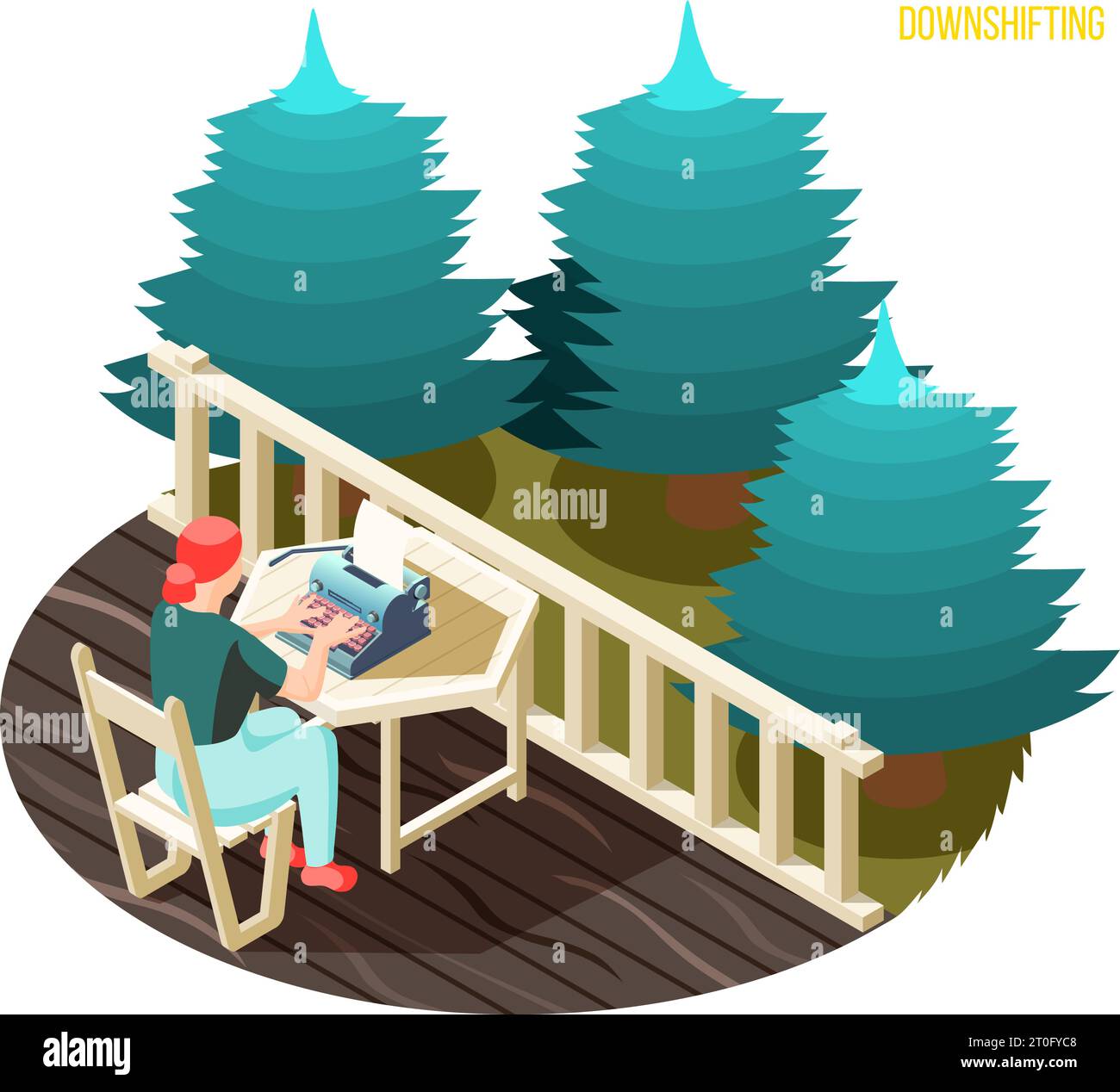 Downshifting work stress escaping people isometric composition with freelance writer typing on balcony in countryside vector illustration Stock Vector