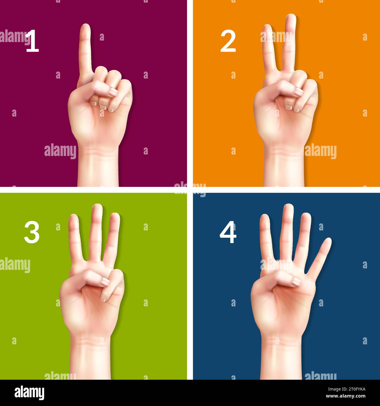 Counting hands from one to four 2x2 design concept set of square colored icons realistic vector illustration Stock Vector