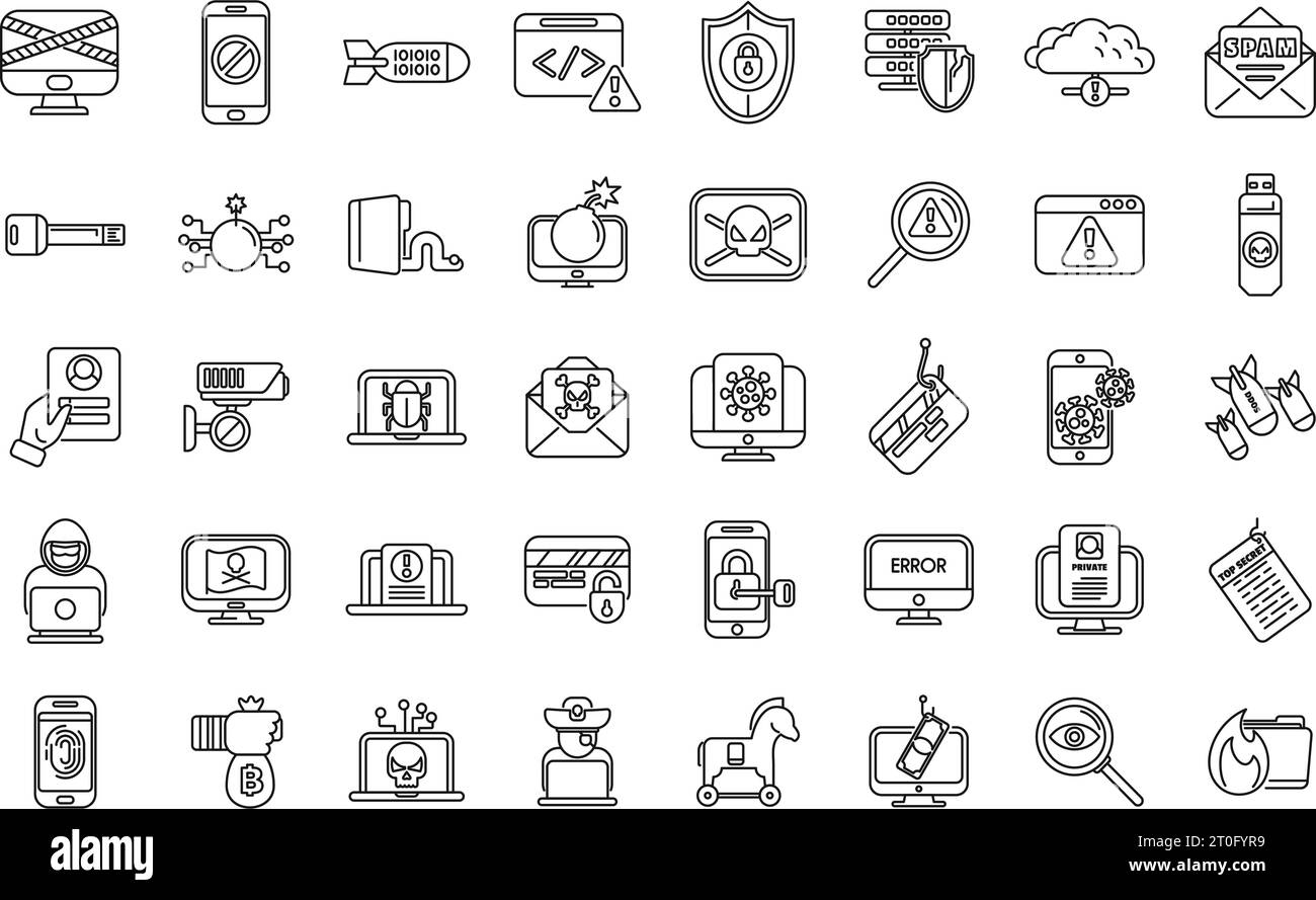 Cyber crime icons set outline vector. Crime bank. Scam email Stock ...