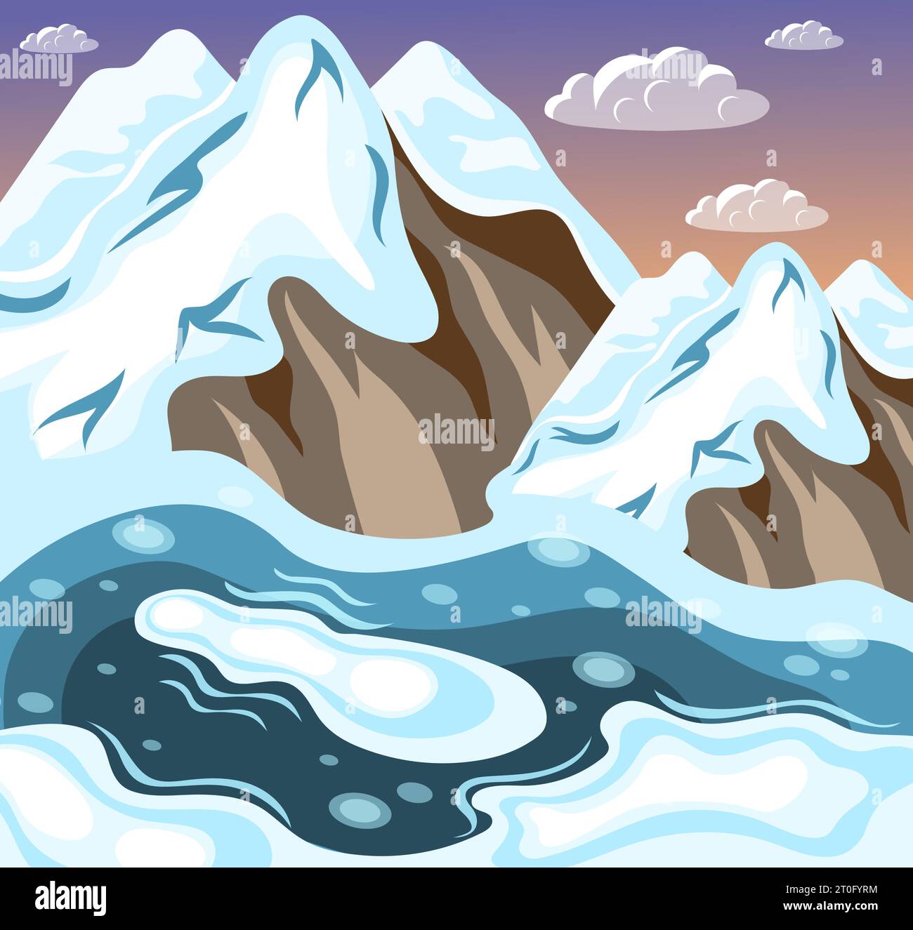 Winter landscaping snowy mountains and melting lake on background of sky and clouds isometric vector illustration Stock Vector