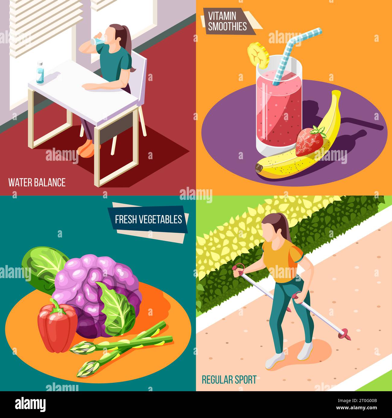 Healthy lifestyle 2x2 design concept set of water balance fresh ...