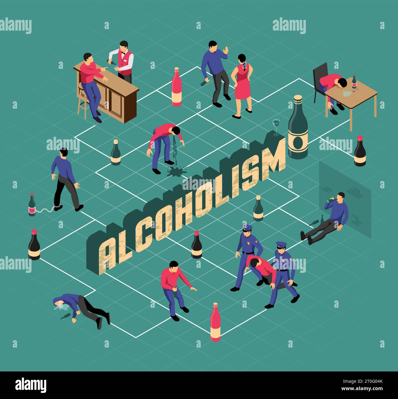 Alcoholism isometric flowchart health problems drunk man and policemen