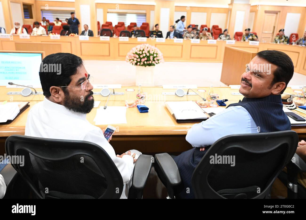 India. 06th Oct, 2023. NEW DELHI, INDIA - OCTOBER 6: Maharashtra CM Eknath Shinde and deputy CM Devendra Fadnavis during the Review Meeting on Left Wing Extremism (LWE) at Vigyan Bhawan on October 6, 2023 in New Delhi, India. (Photo by Sonu Mehta/Hindustan Times/Sipa USA) Credit: Sipa USA/Alamy Live News Stock Photo