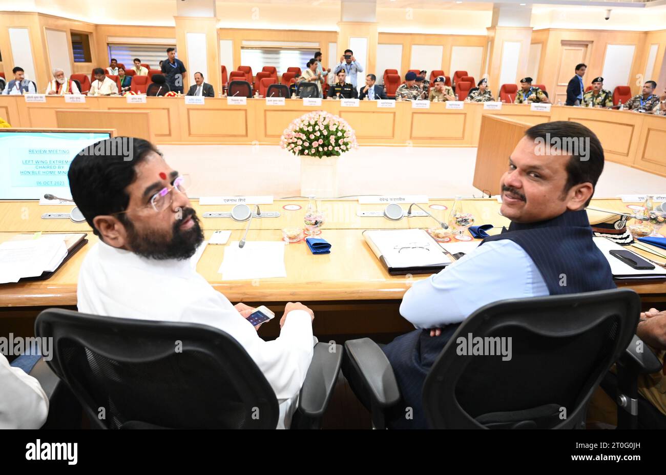 India. 06th Oct, 2023. NEW DELHI, INDIA - OCTOBER 6: Maharashtra CM Eknath Shinde and deputy CM Devendra Fadnavis during the Review Meeting on Left Wing Extremism (LWE) at Vigyan Bhawan on October 6, 2023 in New Delhi, India. (Photo by Sonu Mehta/Hindustan Times/Sipa USA) Credit: Sipa USA/Alamy Live News Stock Photo
