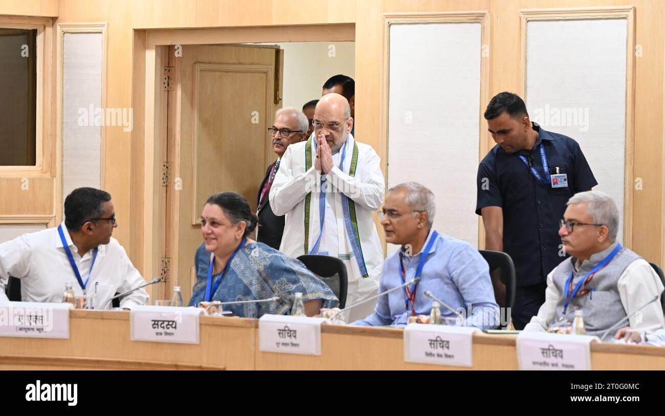 India. 06th Oct, 2023. NEW DELHI, INDIA - OCTOBER 6: Union Home Minister and Minister of Cooperation Amit Shah arrive for attending Review Meeting on Left Wing Extremism (LWE) at Vigyan Bhawan on October 6, 2023 in New Delhi, India. (Photo by Sonu Mehta/Hindustan Times/Sipa USA) Credit: Sipa USA/Alamy Live News Stock Photo