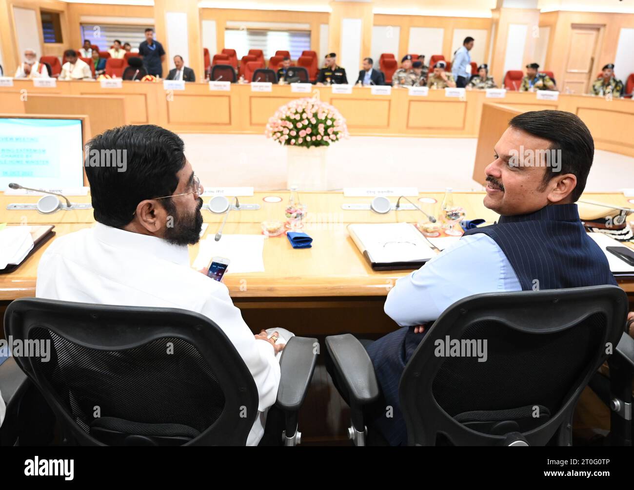 India. 06th Oct, 2023. NEW DELHI, INDIA - OCTOBER 6: Maharashtra CM Eknath Shinde and deputy CM Devendra Fadnavis during the Review Meeting on Left Wing Extremism (LWE) at Vigyan Bhawan on October 6, 2023 in New Delhi, India. (Photo by Sonu Mehta/Hindustan Times/Sipa USA) Credit: Sipa USA/Alamy Live News Stock Photo