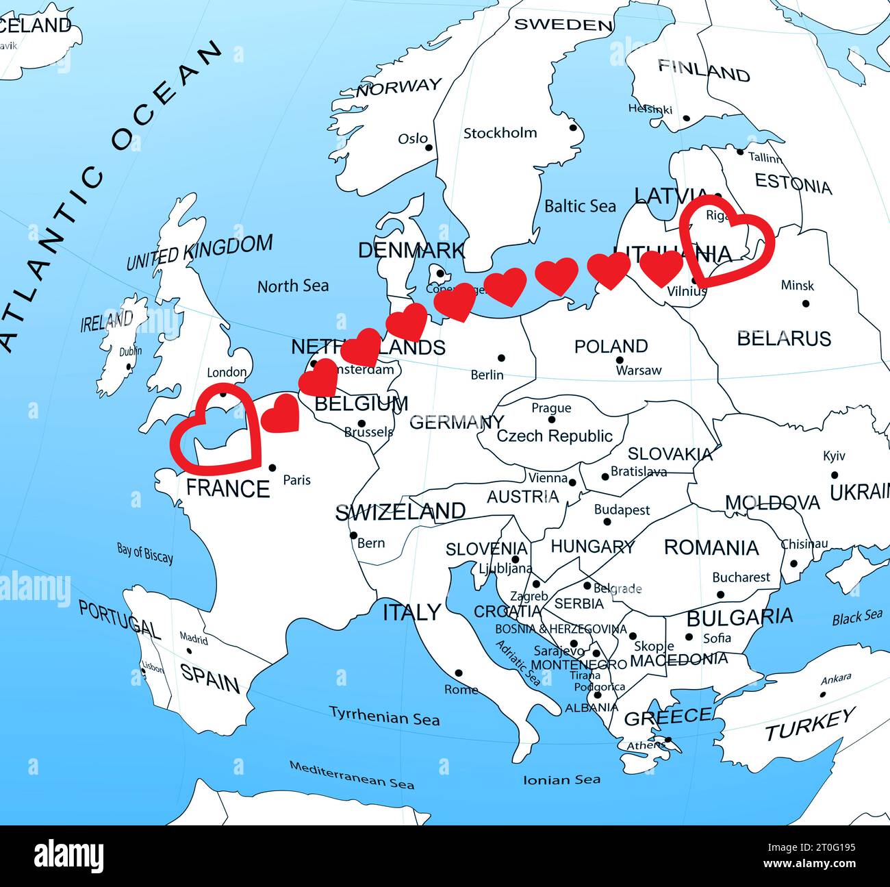 Love in long-distance relationship. Connecting line of red hearts ...