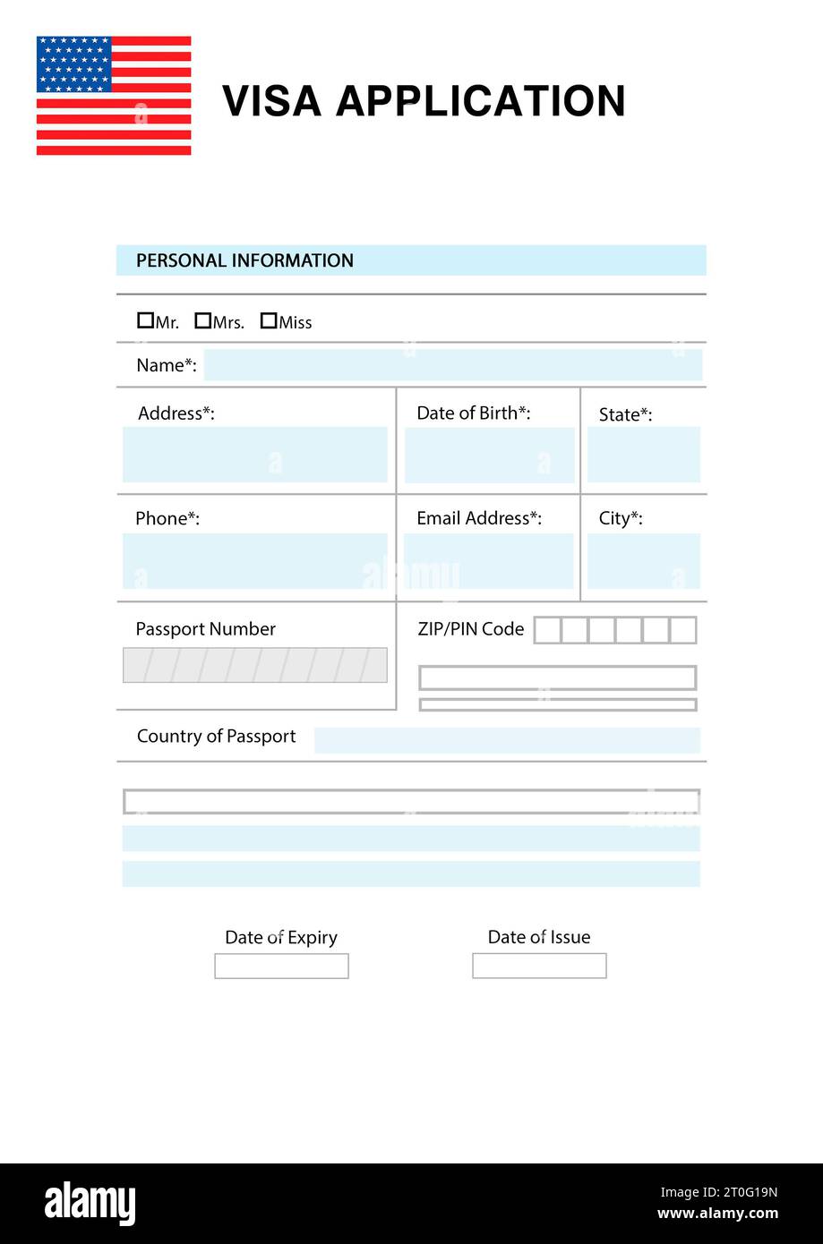 Immigration To USA Blank Application Visa Form Stock Photo Alamy