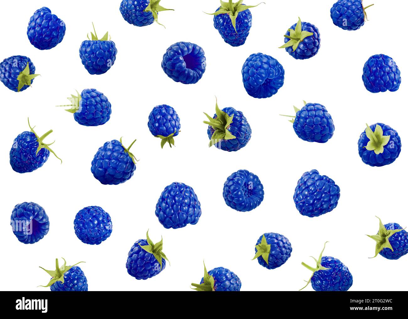 Many fresh blue raspberries falling on white background Stock Photo - Alamy