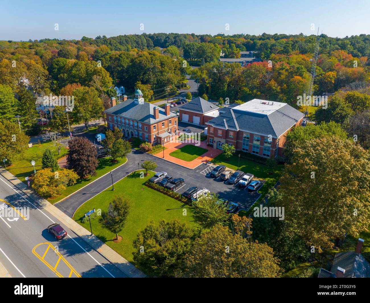 Westwood Town Hall and Police Department aerial view on High Street in historic town center of Westwood, Massachusetts MA, USA. Stock Photo