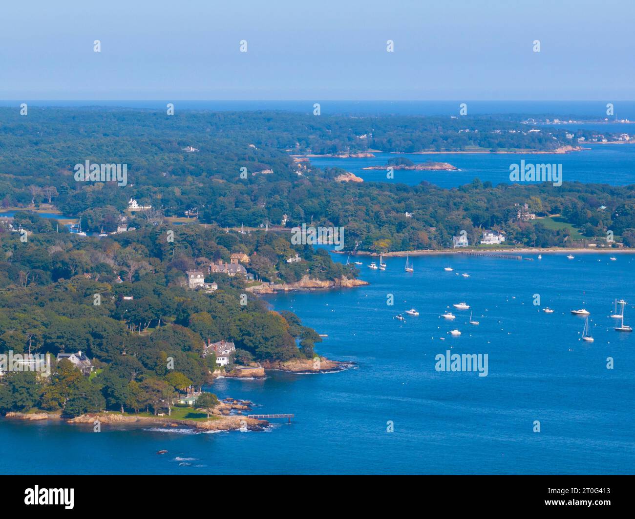 Manchester coast aerial view and Manchester Harbor from Beverly West Beach in town of Manchester-by-the-Sea, Massachusetts MA, USA. Stock Photo