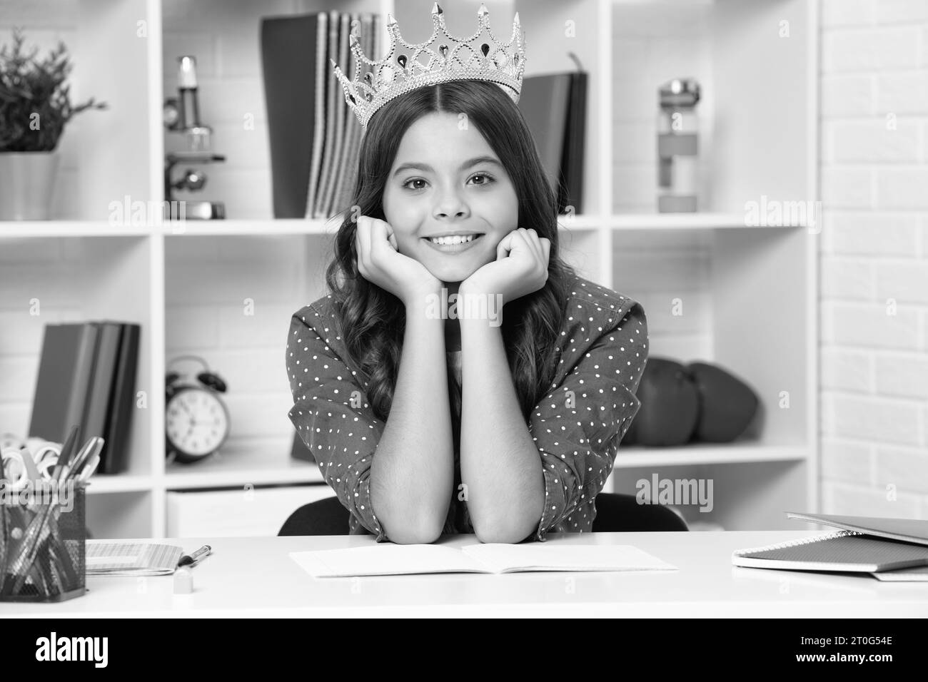 Princess school girl. Teenage selfish girl celebrates success victory