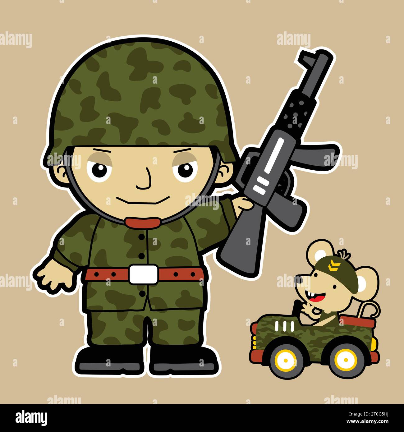 Little soldier with rifle, mouse driving military car, vector cartoon illustration Stock Vector