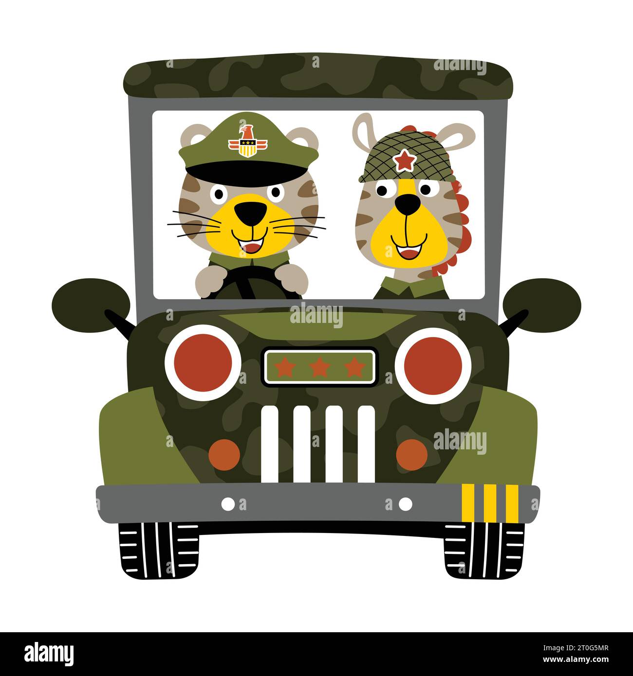 Funny tiger and zebra in soldiers costume on military vehicle, vector cartoon illustration Stock Vector