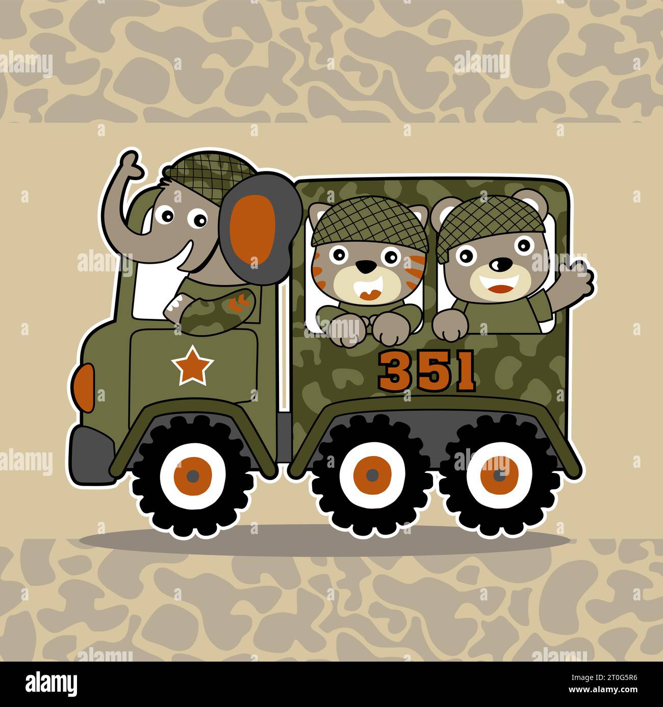 Funny animal soldiers on military truck, vector cartoon illustration Stock Vector