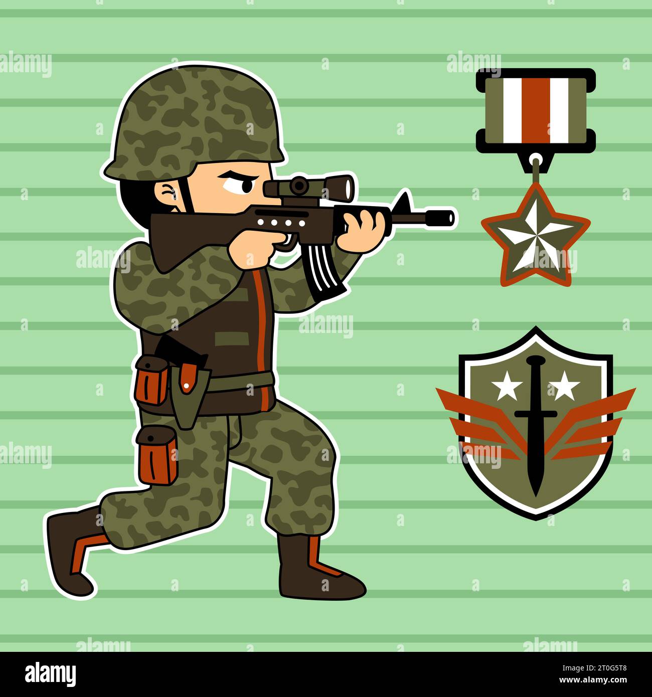 Soldier holding rifle with military logo, vector cartoon illustration